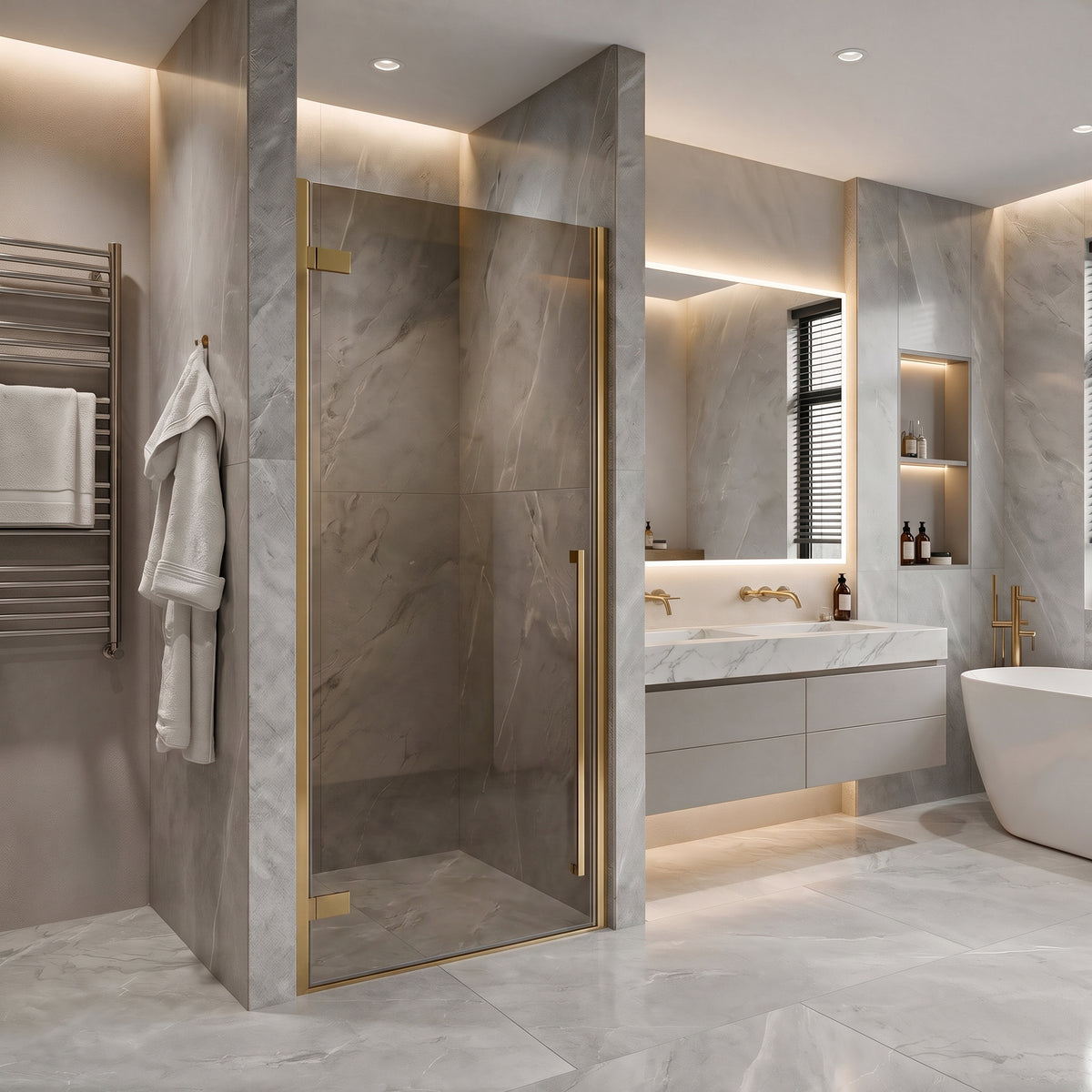 33,9po–34,3po L (largeur ajustable) x 79po H Porte de douche pivotante réversible sans cadre en or brossé avec verre brun teinté