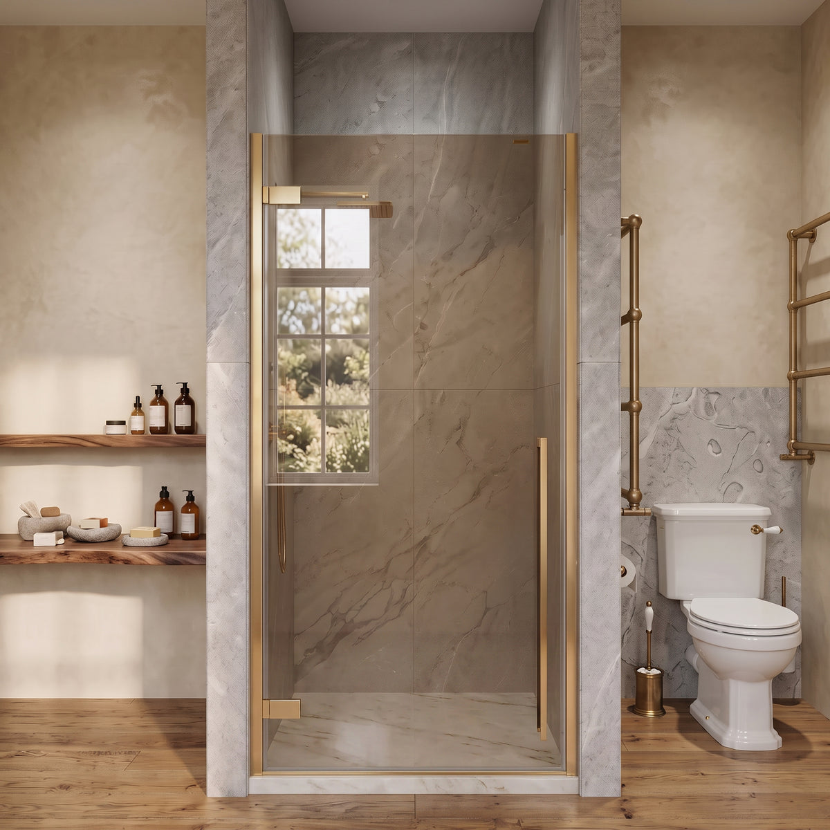 33,9po–34,3po L (largeur ajustable) x 79po H Porte de douche pivotante réversible sans cadre en or brossé avec verre brun teinté