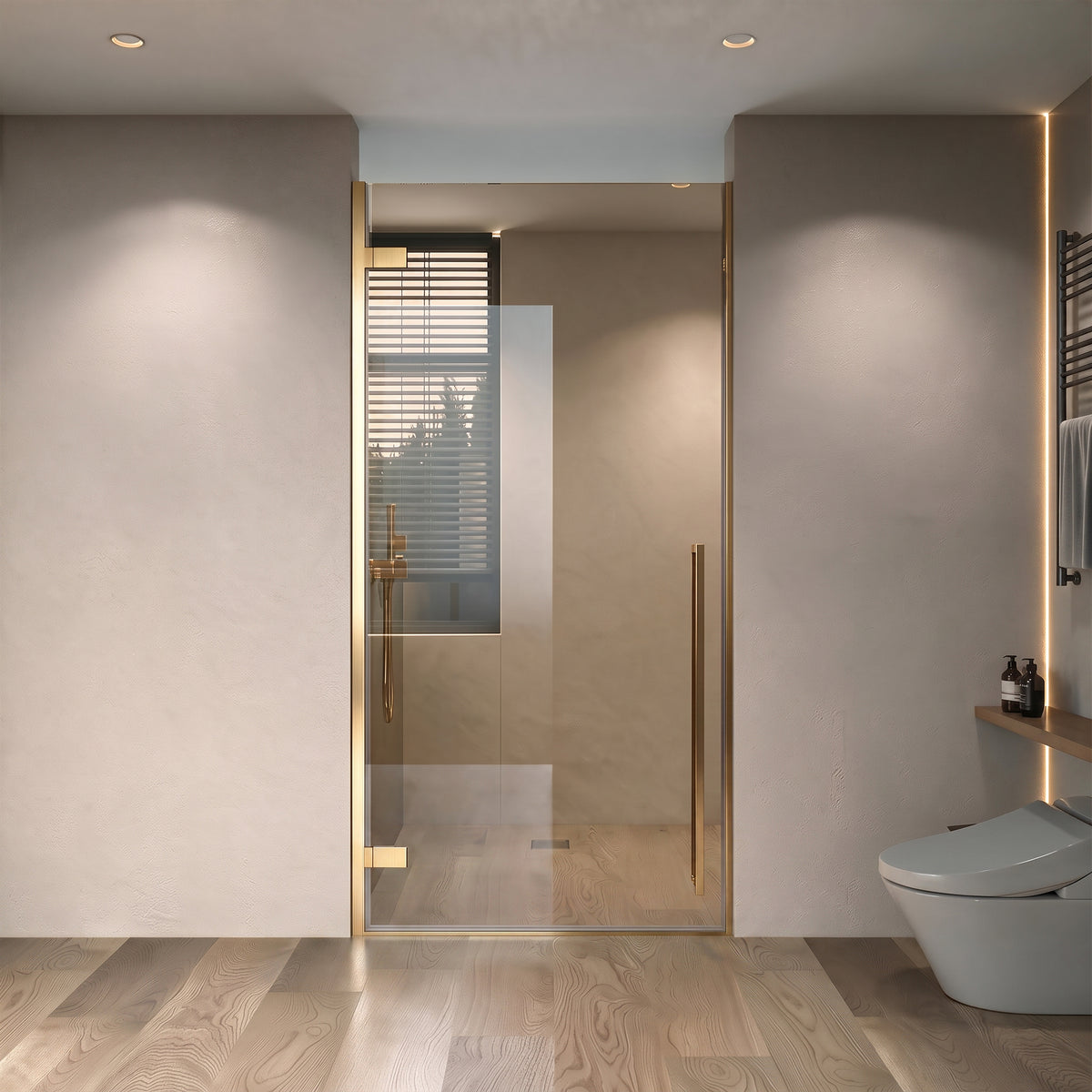 33,9po–34,3po L (largeur ajustable) x 79po H Porte de douche pivotante réversible sans cadre en or brossé avec verre brun teinté