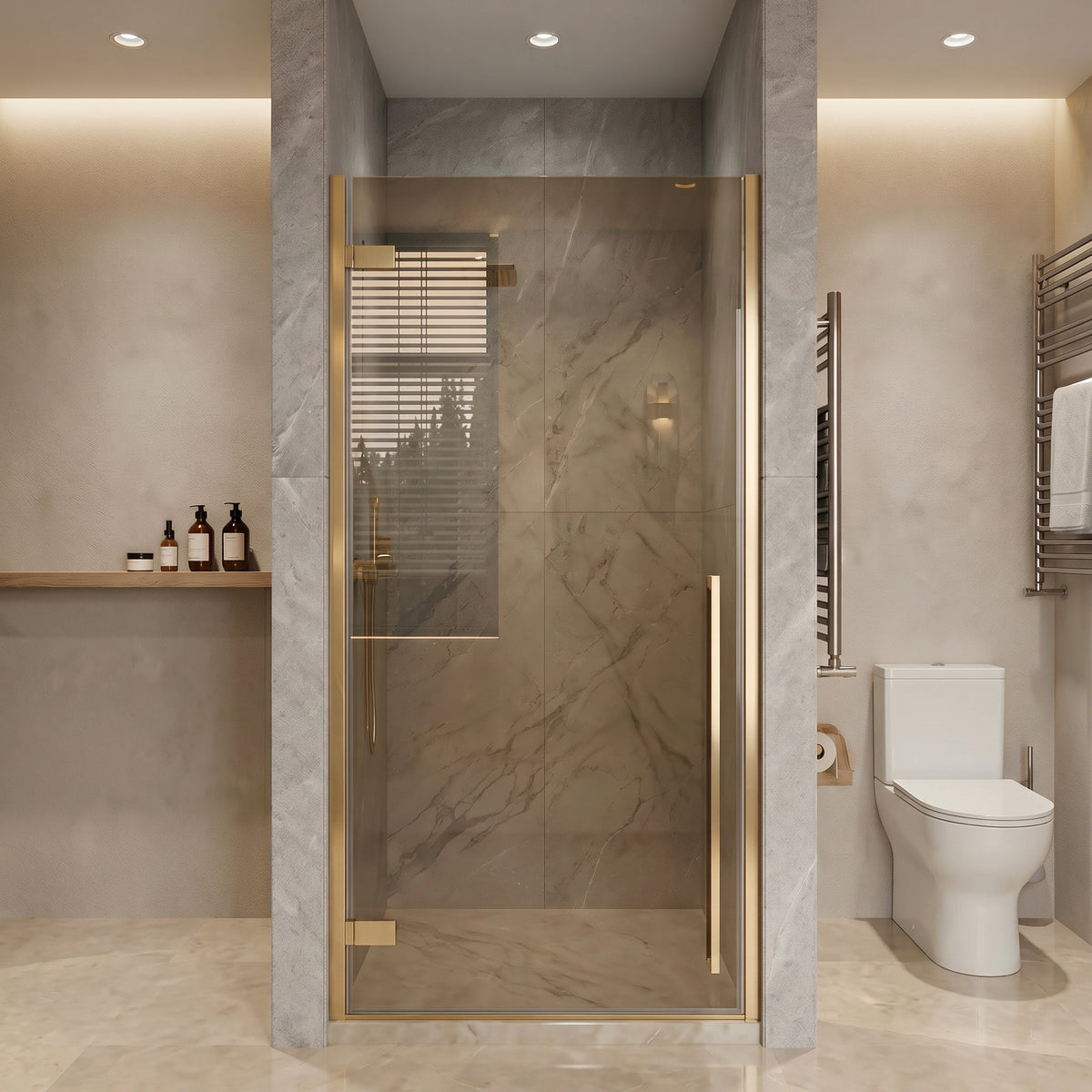 33,9po–34,3po L (largeur ajustable) x 79po H Porte de douche pivotante réversible sans cadre en or brossé avec verre brun teinté