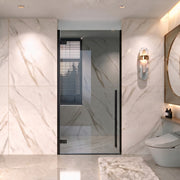 33.9"–34.3" W (Adjustable Width) x 79" H Frameless Reversible Pivot Shower Door in Matte Black with Black Tinted Glass