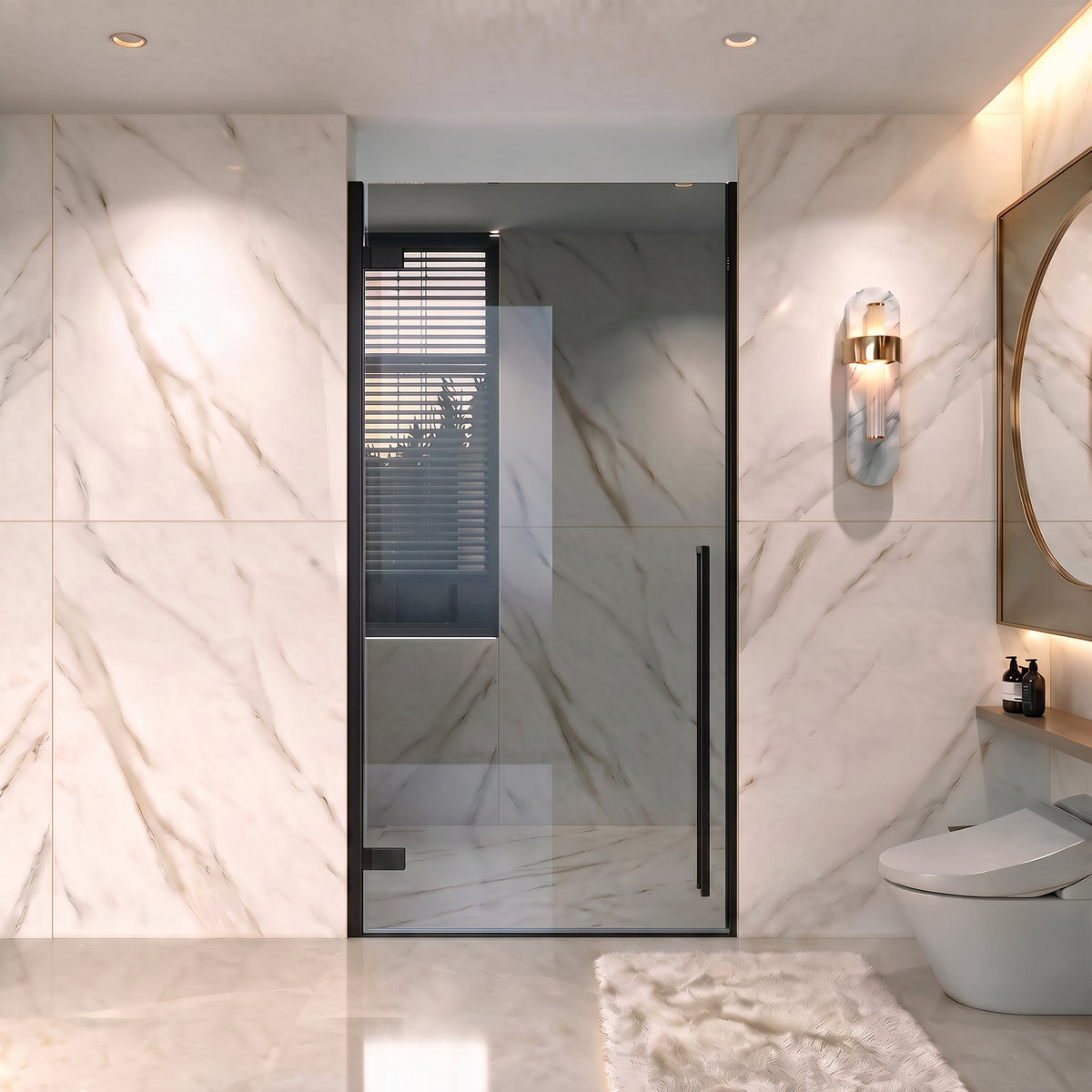 33,9po–34,3po L (largeur ajustable) x 79po H Porte de douche pivotante réversible sans cadre en noir mat avec verre teinté noir