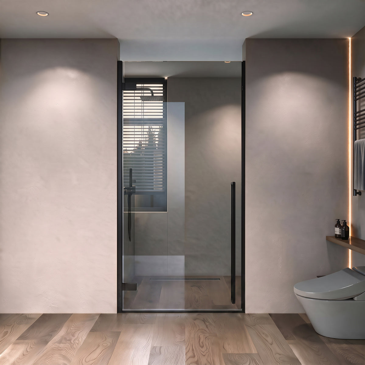 33.9"–34.3" W (Adjustable Width) x 79" H Frameless Reversible Pivot Shower Door in Matte Black with Black Tinted Glass