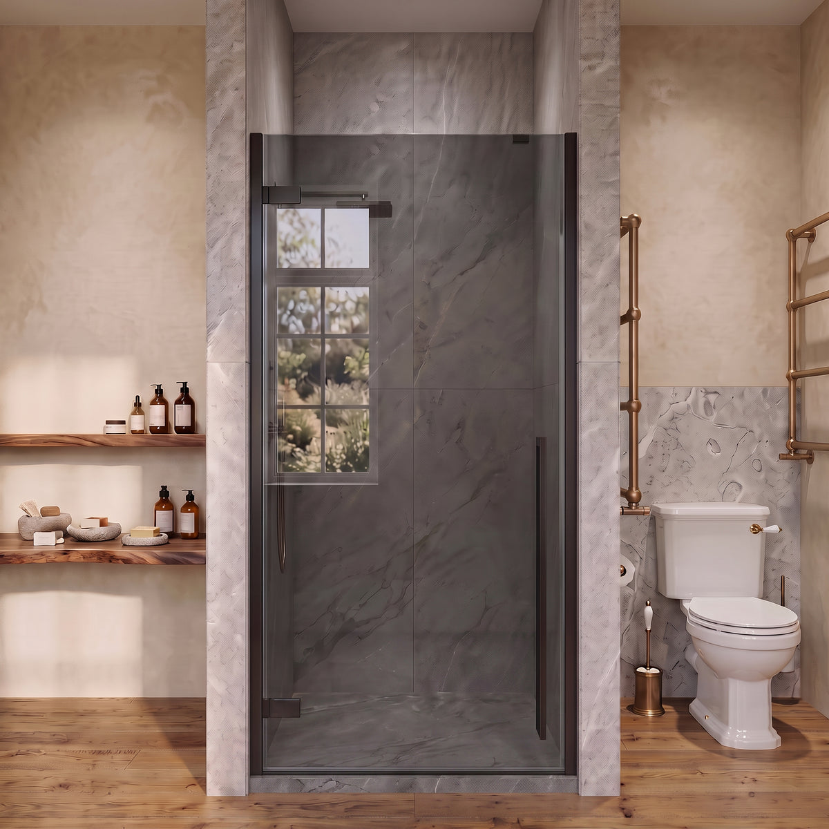 33.9"–34.3" W (Adjustable Width) x 79" H Frameless Reversible Pivot Shower Door in Matte Black with Black Tinted Glass