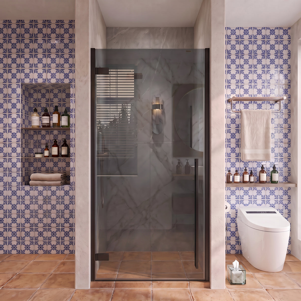 33.9"–34.3" W (Adjustable Width) x 79" H Frameless Reversible Pivot Shower Door in Matte Black with Black Tinted Glass