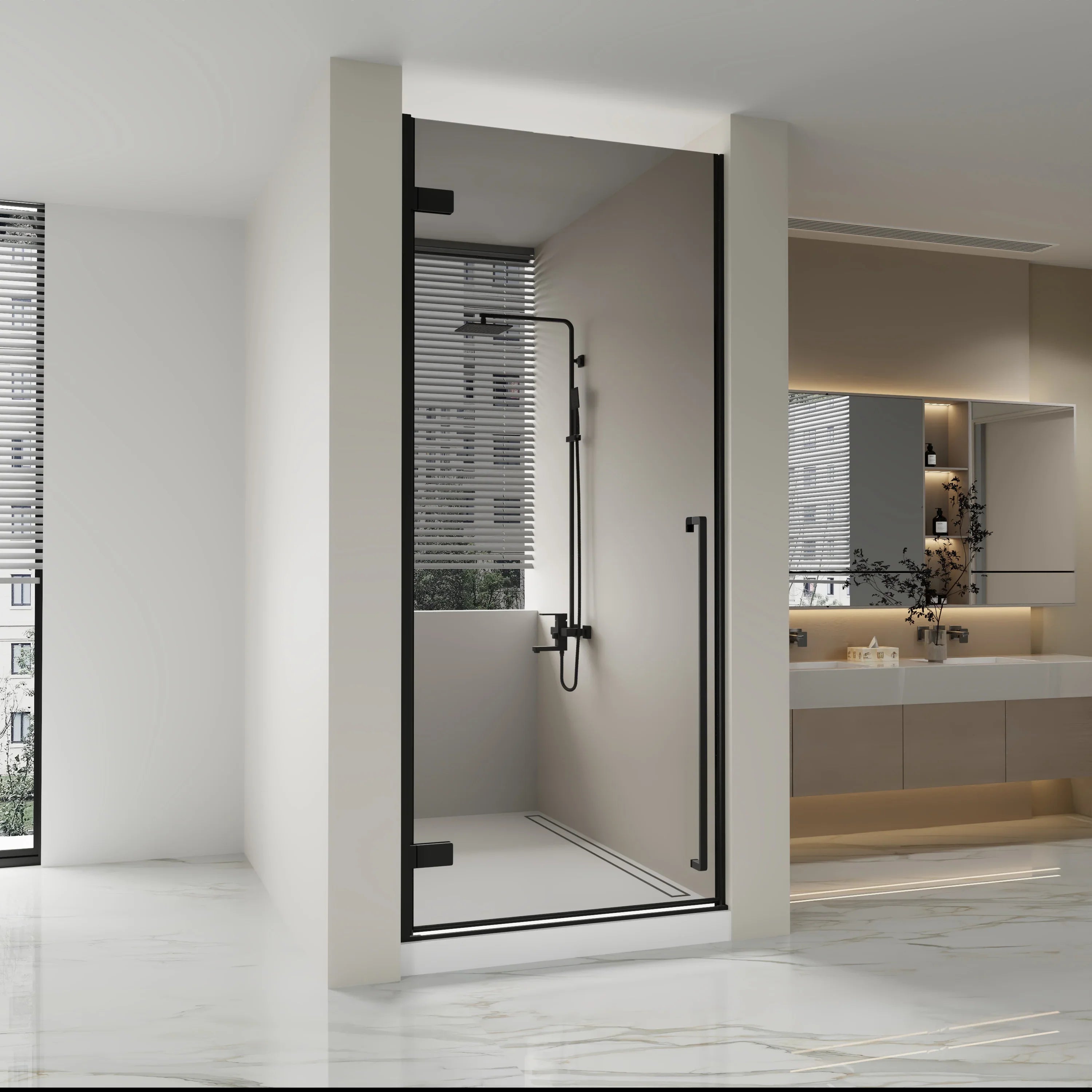 Porte de douche pivotante réversible 33,9po–34,3po x 79po noir mat avec verre teinté noir