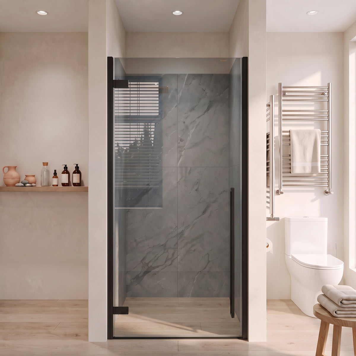 33.9"–34.3" W (Adjustable Width) x 79" H Frameless Reversible Pivot Shower Door in Matte Black with Black Tinted Glass