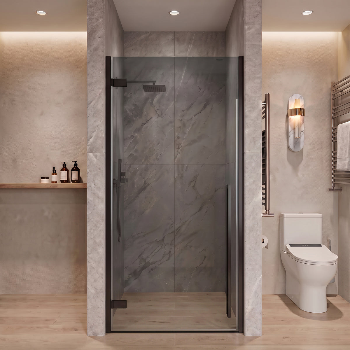 33.9"–34.3" W (Adjustable Width) x 79" H Frameless Reversible Pivot Shower Door in Matte Black with Black Tinted Glass