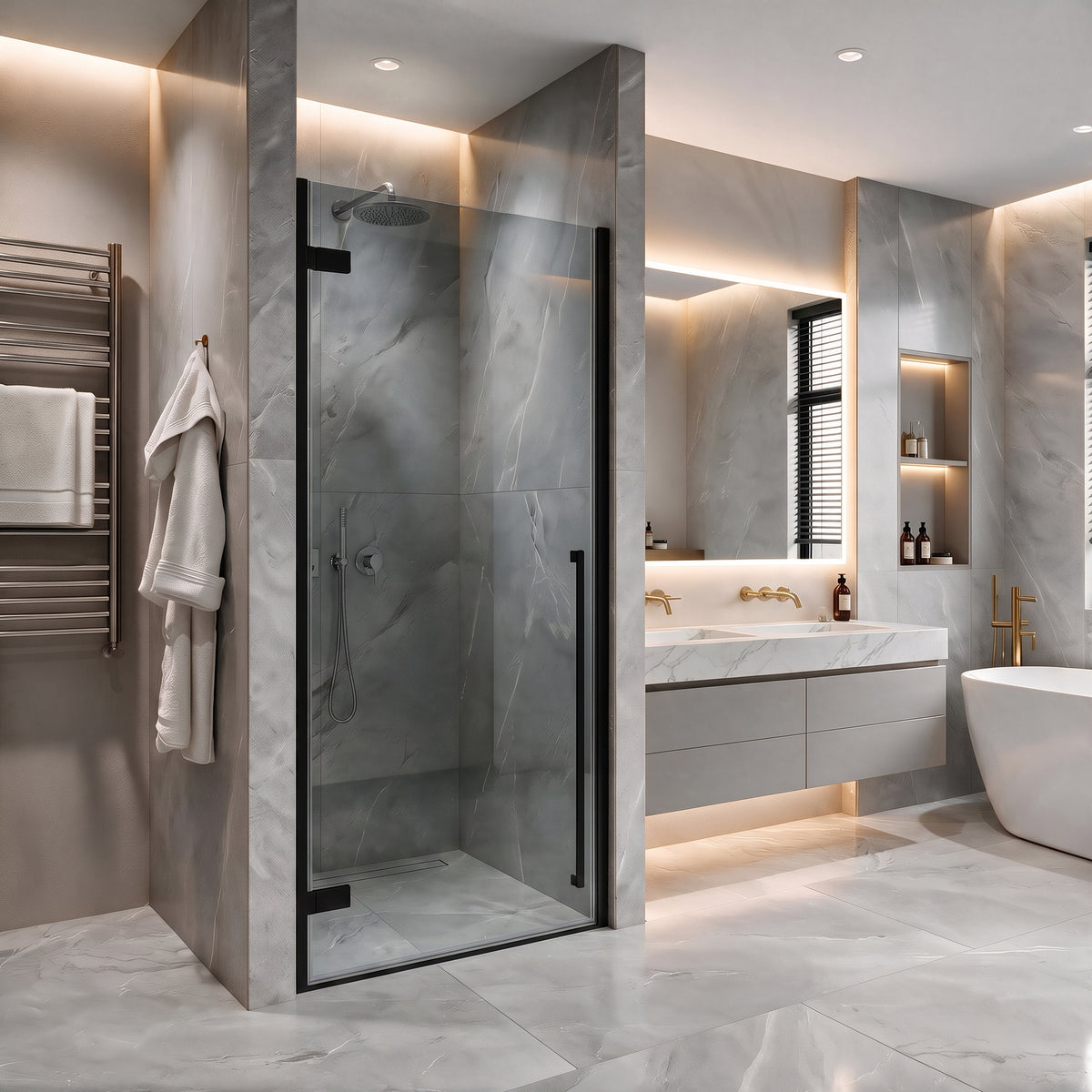 33.9"–34.3" W (Adjustable Width) x 79" H Frameless Reversible Pivot Shower Door in Matte Black with Black Tinted Glass