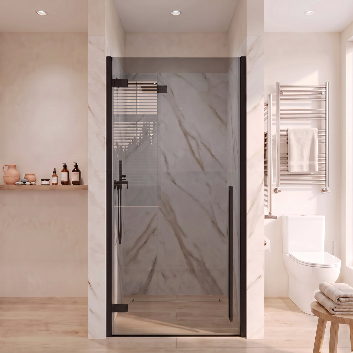 33.9"–34.3" W (Adjustable Width) x 79" H Frameless Reversible Pivot Shower Door in Matte Black with Black Tinted Glass