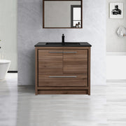 36" Walnut Freestanding Bathroom Vanity with Black Engineered Quartz Countertop
