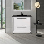 36" Glossy White Freestanding Bathroom Vanity with Black Engineered Quartz Countertop