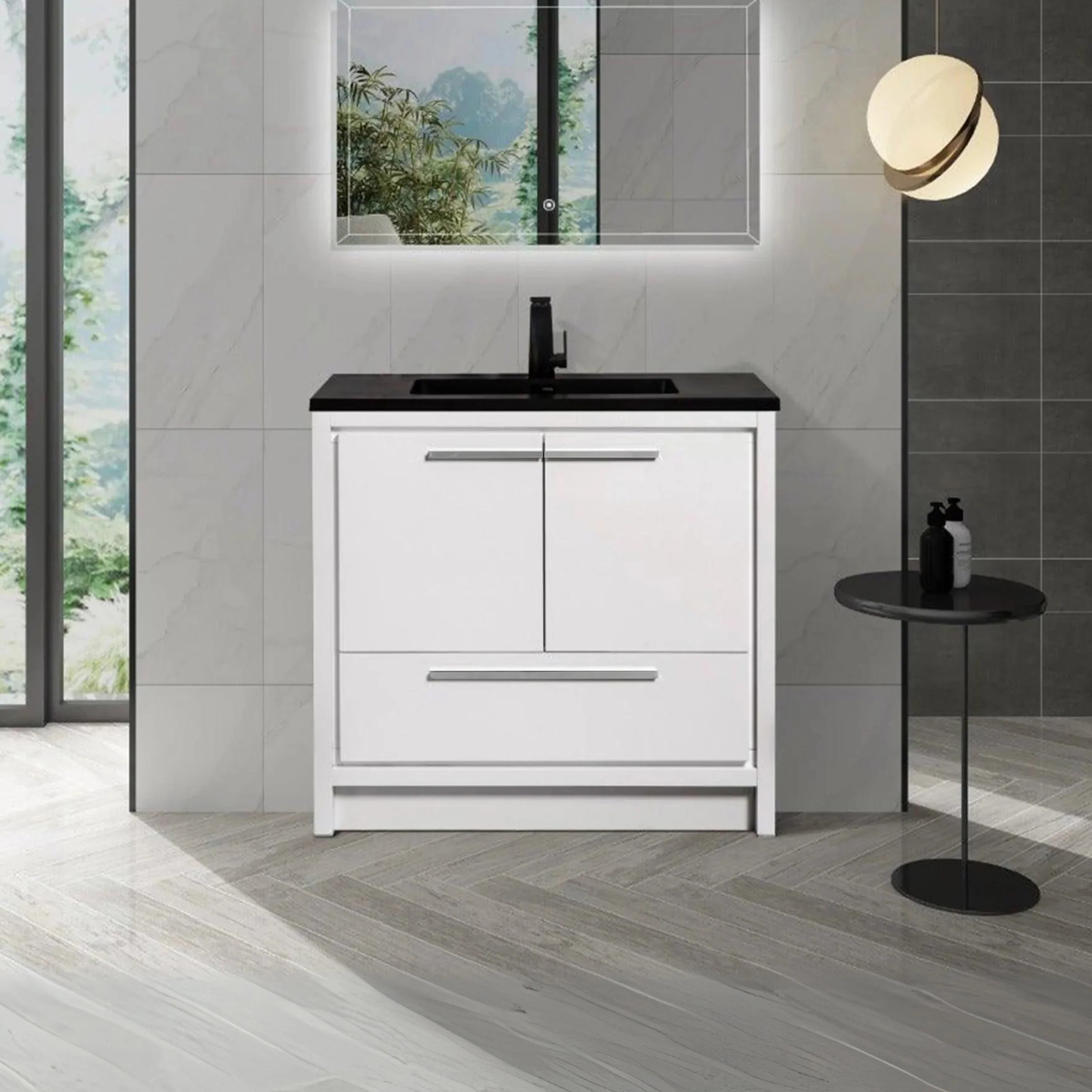 36" Glossy White Freestanding Bathroom Vanity with Black Engineered Quartz Countertop