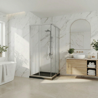 36 po x 36 po x 79 po Porte de Douche Chrome coulissant au coin Réversible avec Verre Clair et 36 po x 36 po Base de Douche en Acrylique Noir Brillant avec Drain au Coin