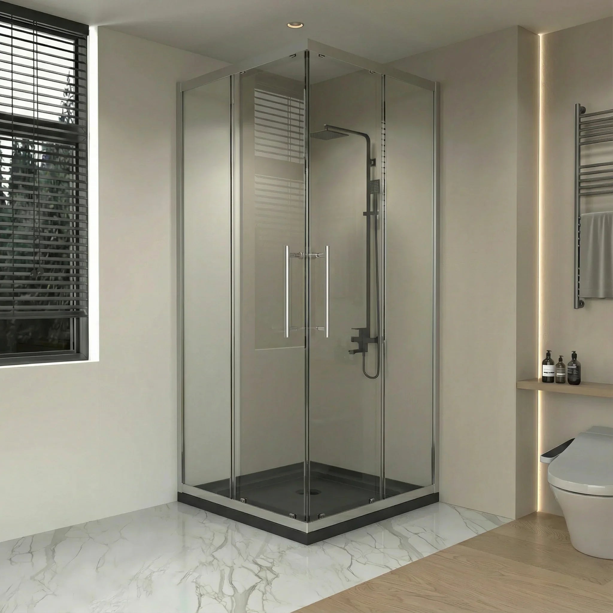 Porte de Douche Coin Coulissante Chrome 36po x 36po avec Base Acrylique Noire Brillante