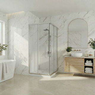 36 po x 36 po x 79 po Porte de Douche Chrome coulissant au coin Réversible avec Verre Clair et 36 po x 36 po Base de Douche en Acrylique Blanc Brillant avec Drain au Coin