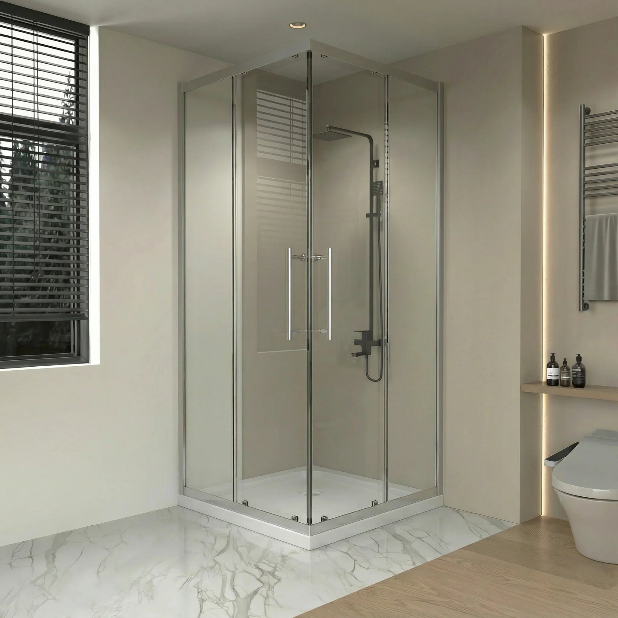 Porte de Douche Coulissante Coin 36po x 36po en Chrome avec Base Acrylique Blanche