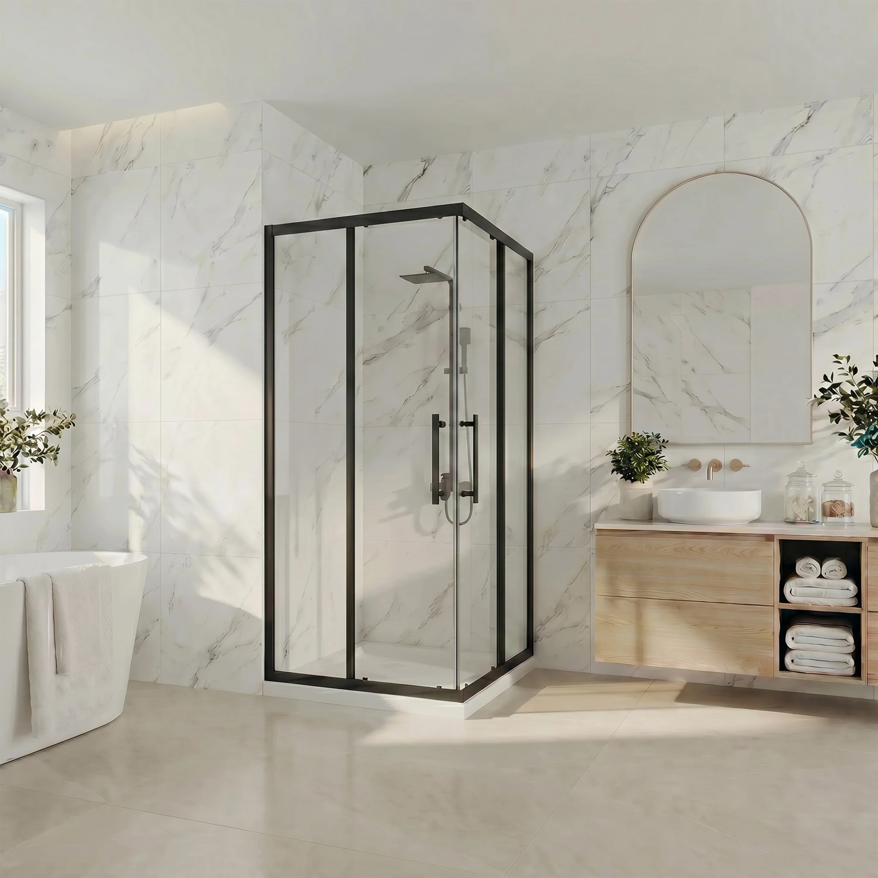 36" x 36" Matte Black Reversible Corner Sliding Shower Door with White Acrylic Base