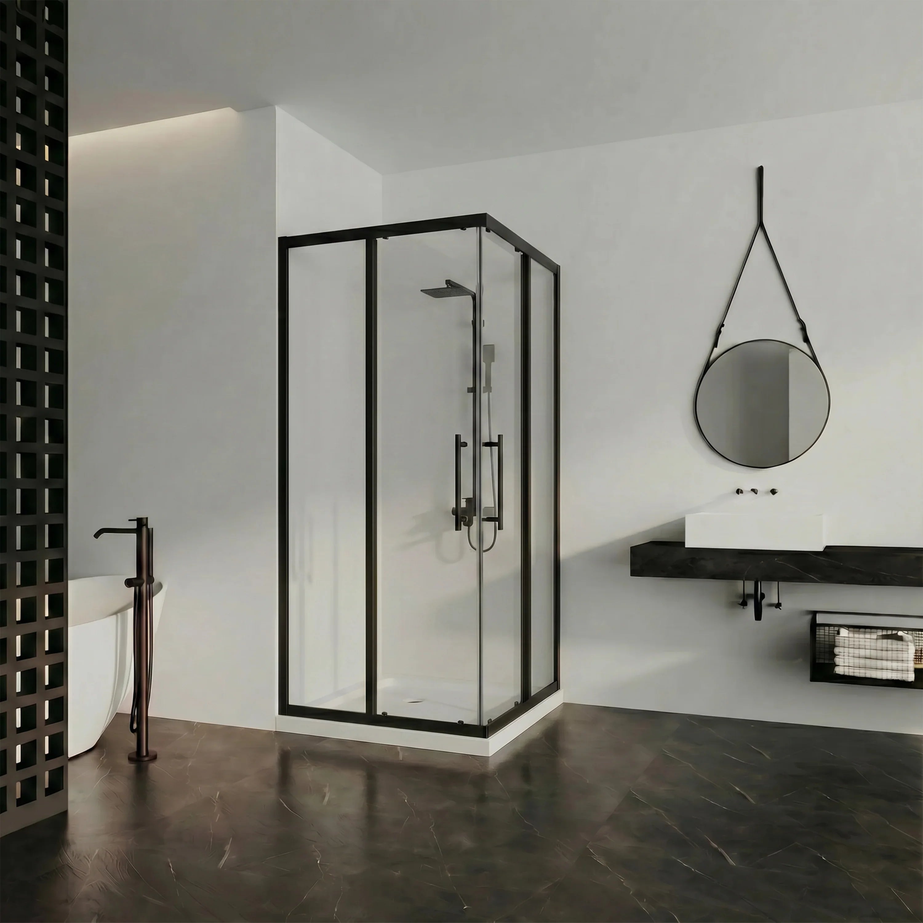 36" x 36" Matte Black Reversible Corner Sliding Shower Door with White Acrylic Base
