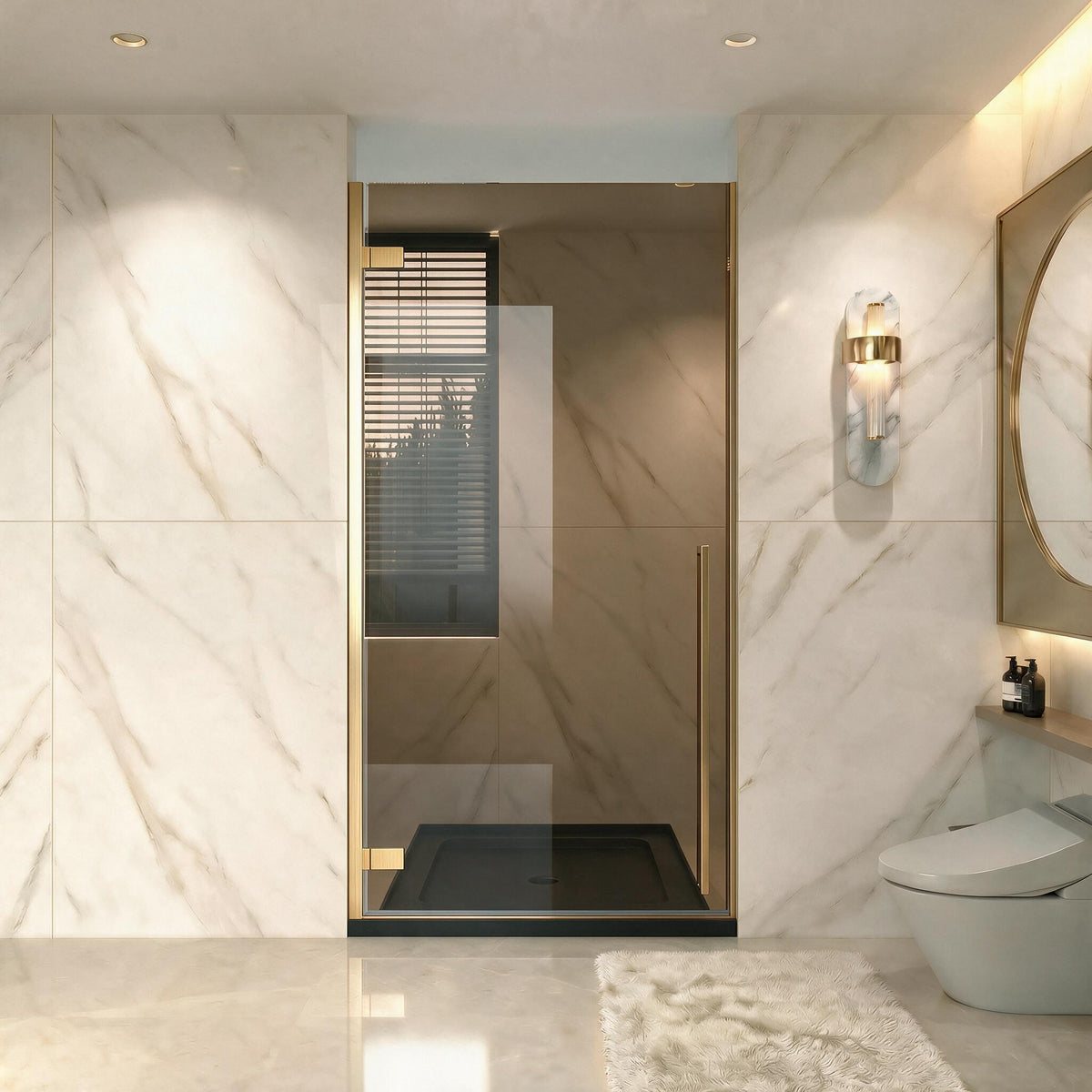 33,9po–34,3po L (largeur ajustable) x 79po H Porte de douche pivotante réversible sans cadre en or brossé avec verre teinté brun et base de douche noire brillante