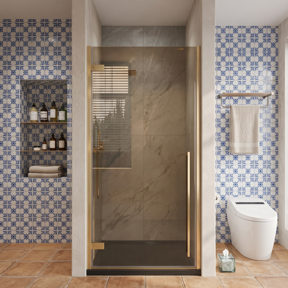33,9po–34,3po L (largeur ajustable) x 79po H Porte de douche pivotante réversible sans cadre en or brossé avec verre teinté brun et base de douche noire brillante