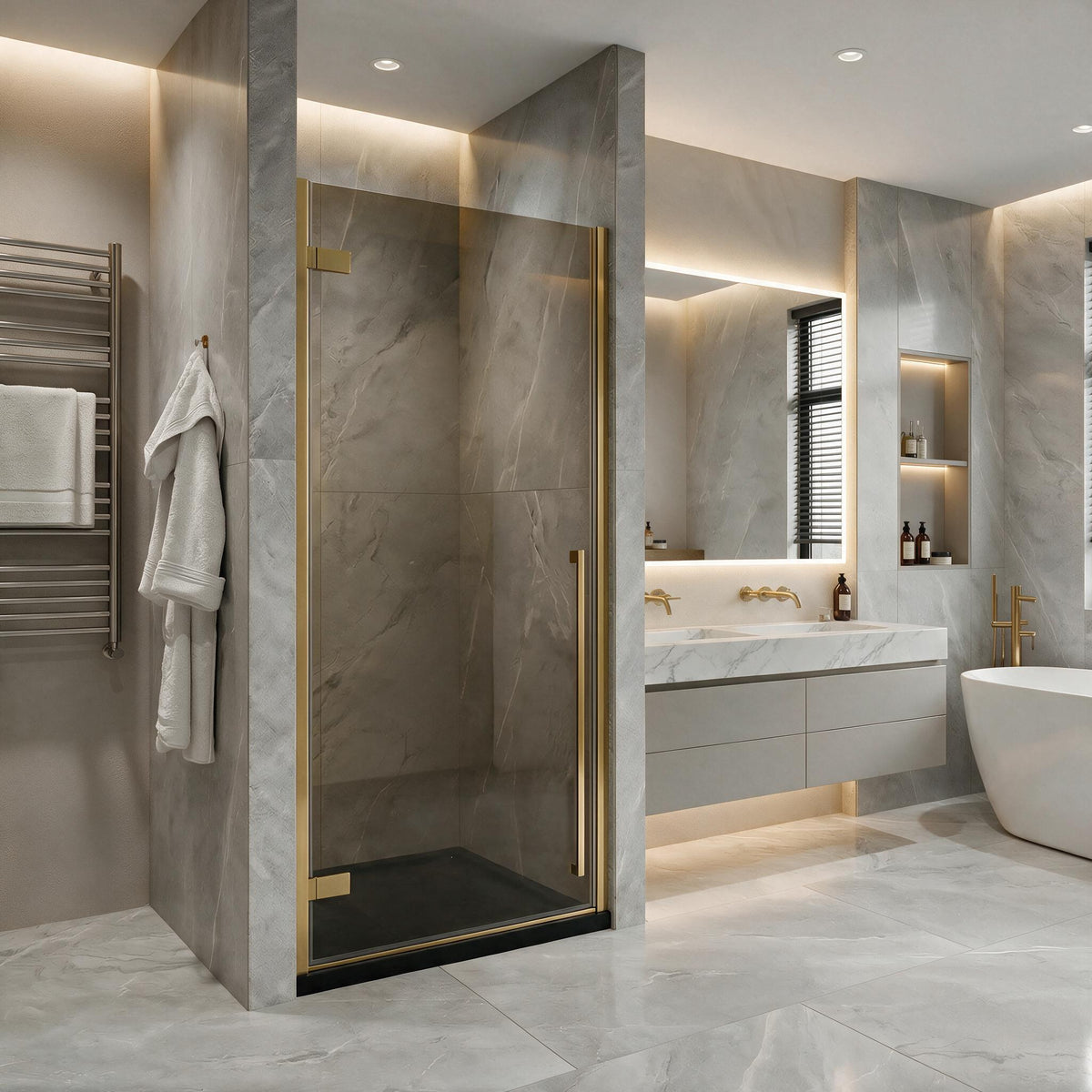 33,9po–34,3po L (largeur ajustable) x 79po H Porte de douche pivotante réversible sans cadre en or brossé avec verre teinté brun et base de douche noire brillante