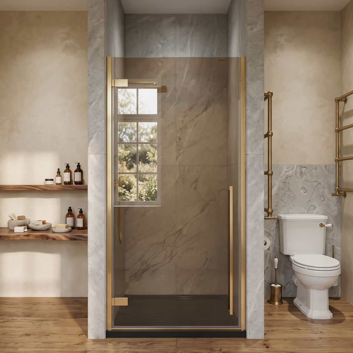 33,9po–34,3po L (largeur ajustable) x 79po H Porte de douche pivotante réversible sans cadre en or brossé avec verre teinté brun et base de douche noire brillante