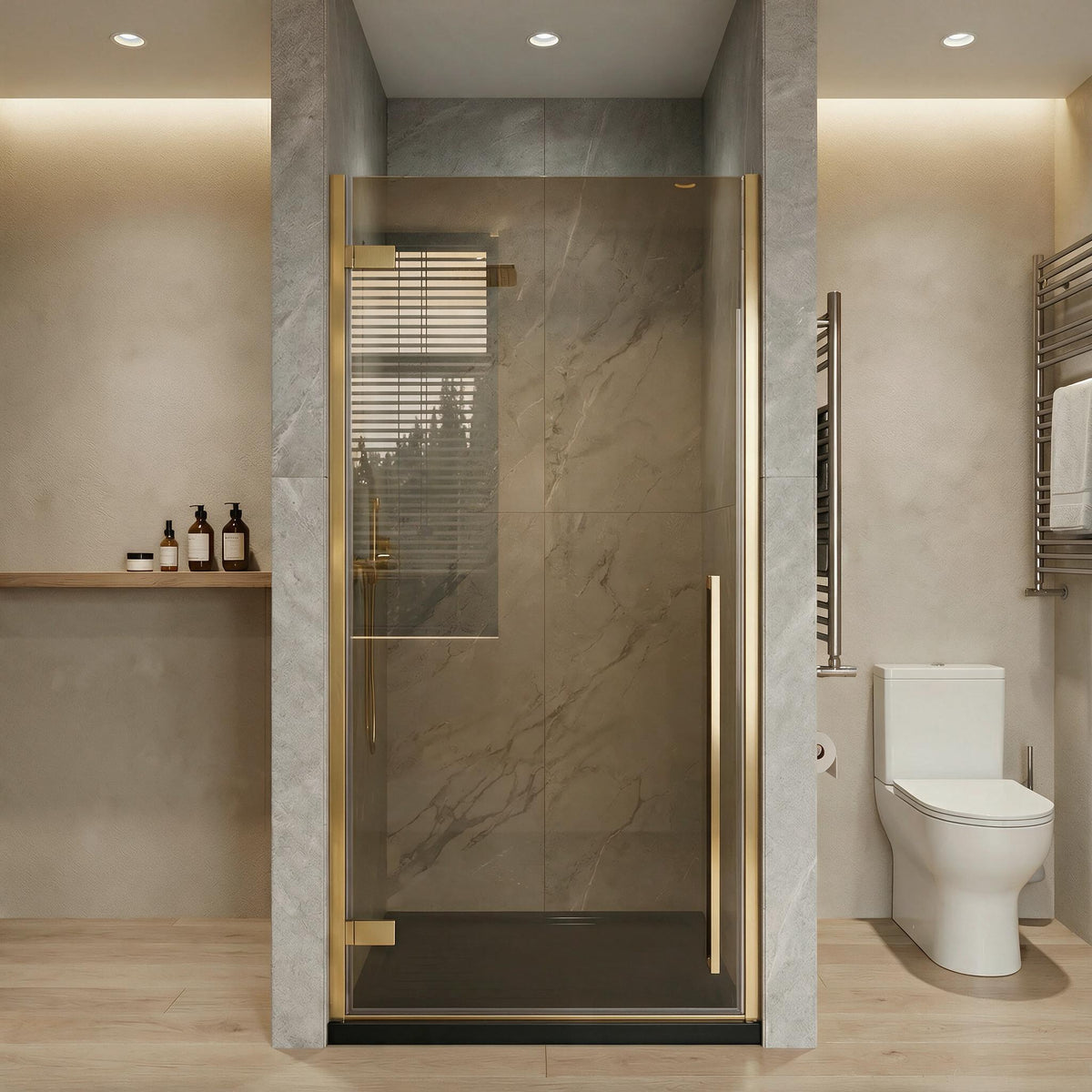 33,9po–34,3po L (largeur ajustable) x 79po H Porte de douche pivotante réversible sans cadre en or brossé avec verre teinté brun et base de douche noire brillante