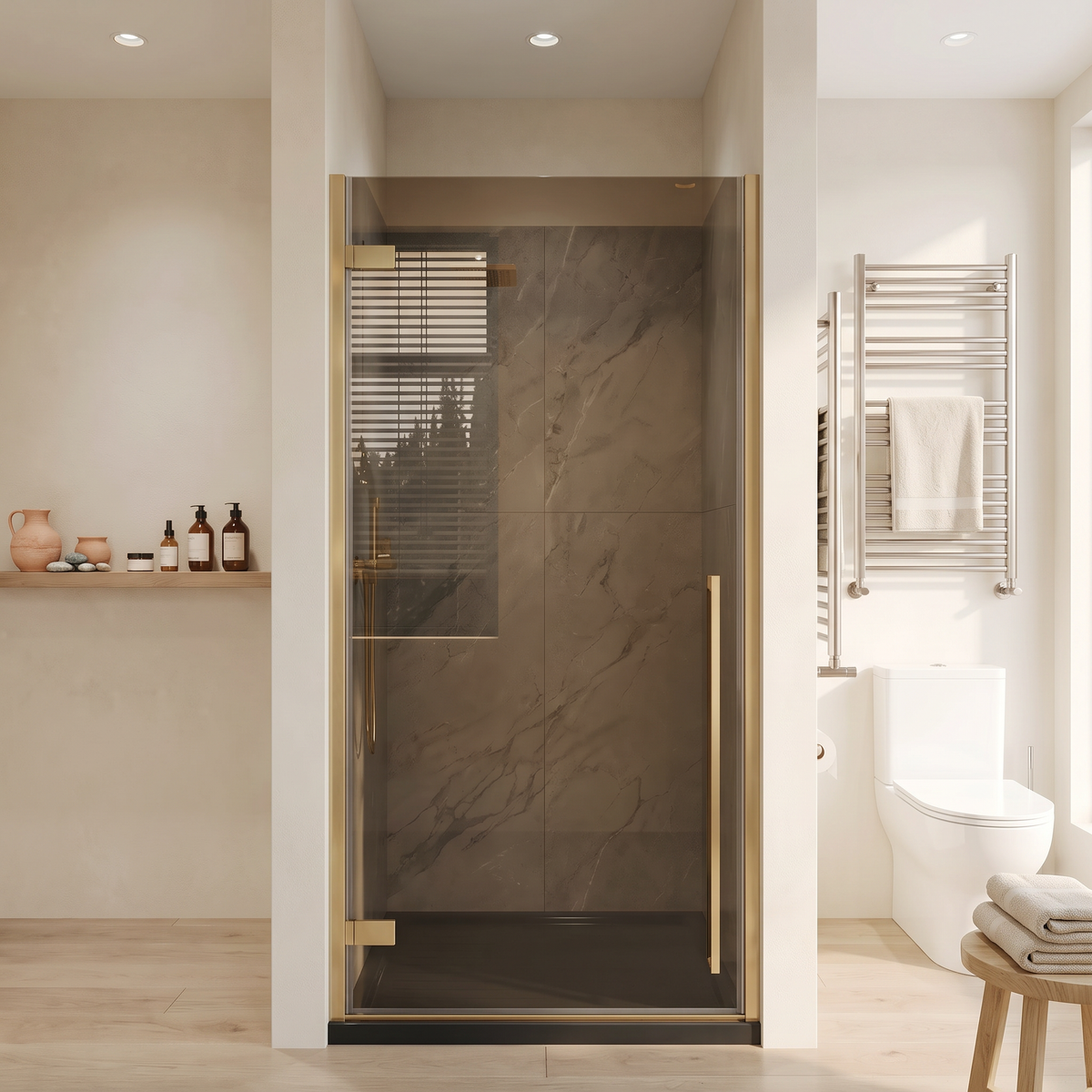 33,9po–34,3po L (largeur ajustable) x 79po H Porte de douche pivotante réversible sans cadre en or brossé avec verre teinté brun et base de douche noire brillante