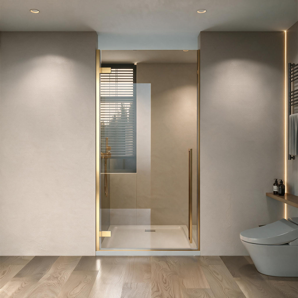 33,9po–34,3po L (largeur ajustable) x 79po H Porte de douche pivotante réversible sans cadre en or brossé avec verre teinté brun et base de douche noire brillante