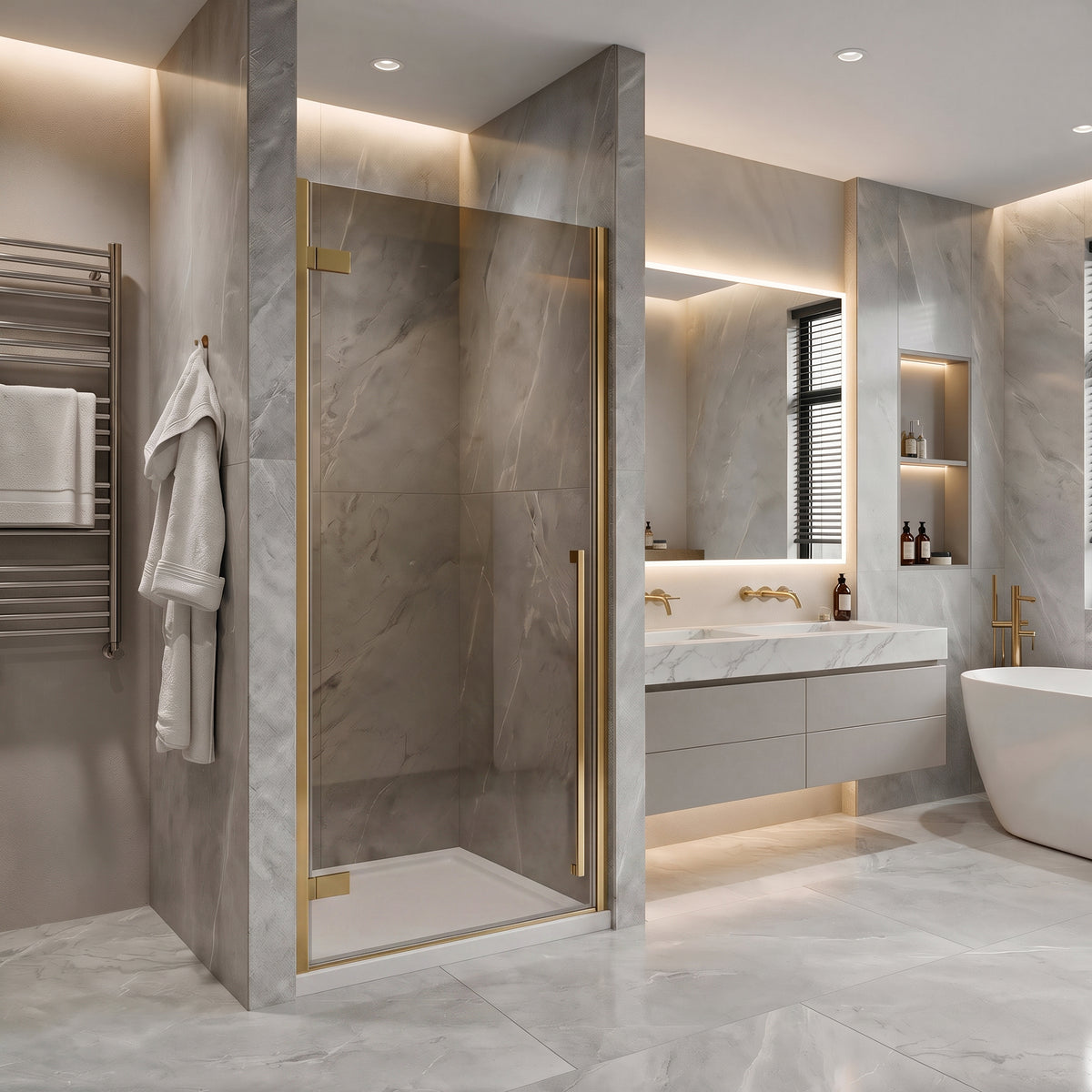 33,9po–34,3po L (largeur ajustable) x 79po H Porte de douche pivotante réversible sans cadre en or brossé avec verre teinté brun et base acrylique blanche