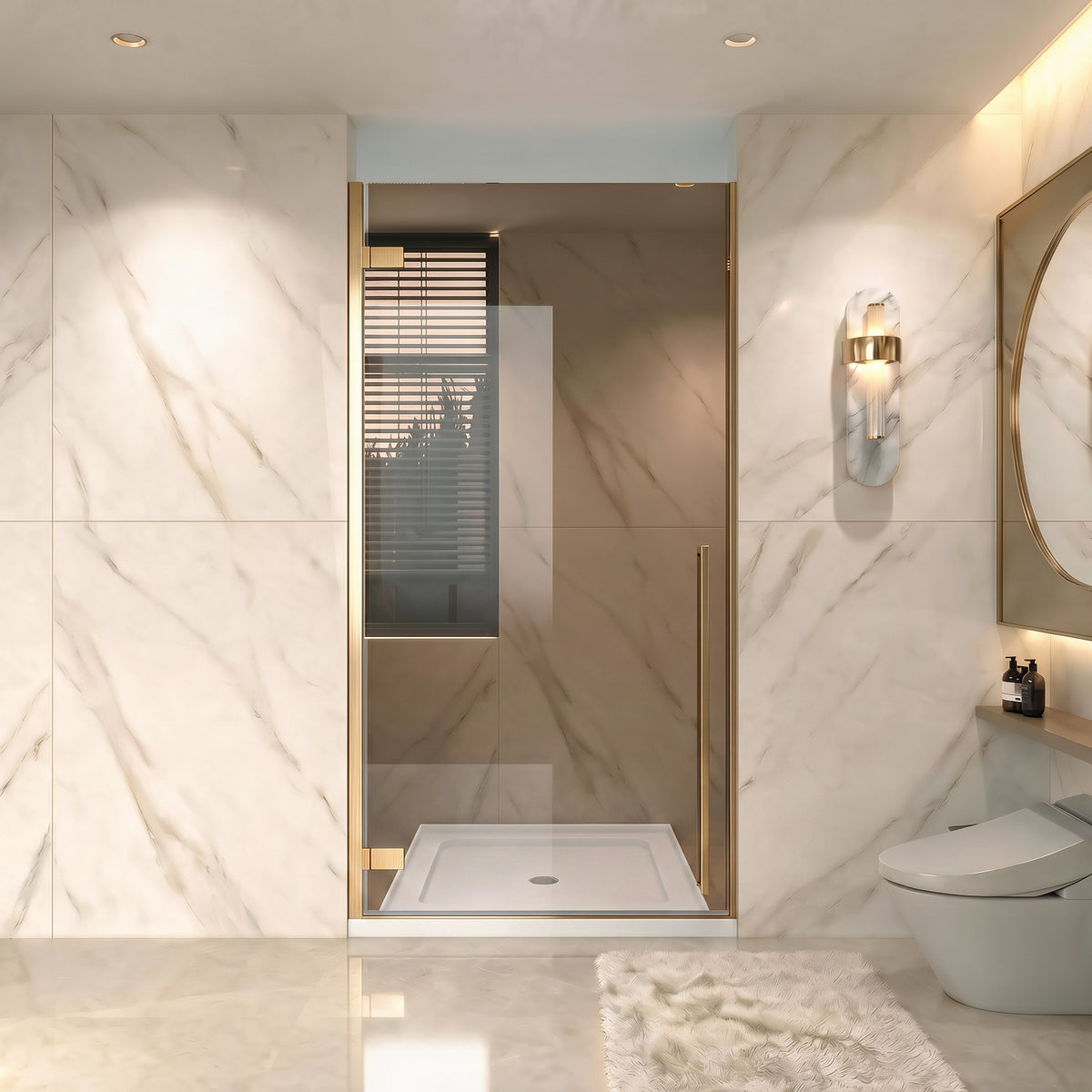 33,9po–34,3po L (largeur ajustable) x 79po H Porte de douche pivotante réversible sans cadre en or brossé avec verre teinté brun et base acrylique blanche