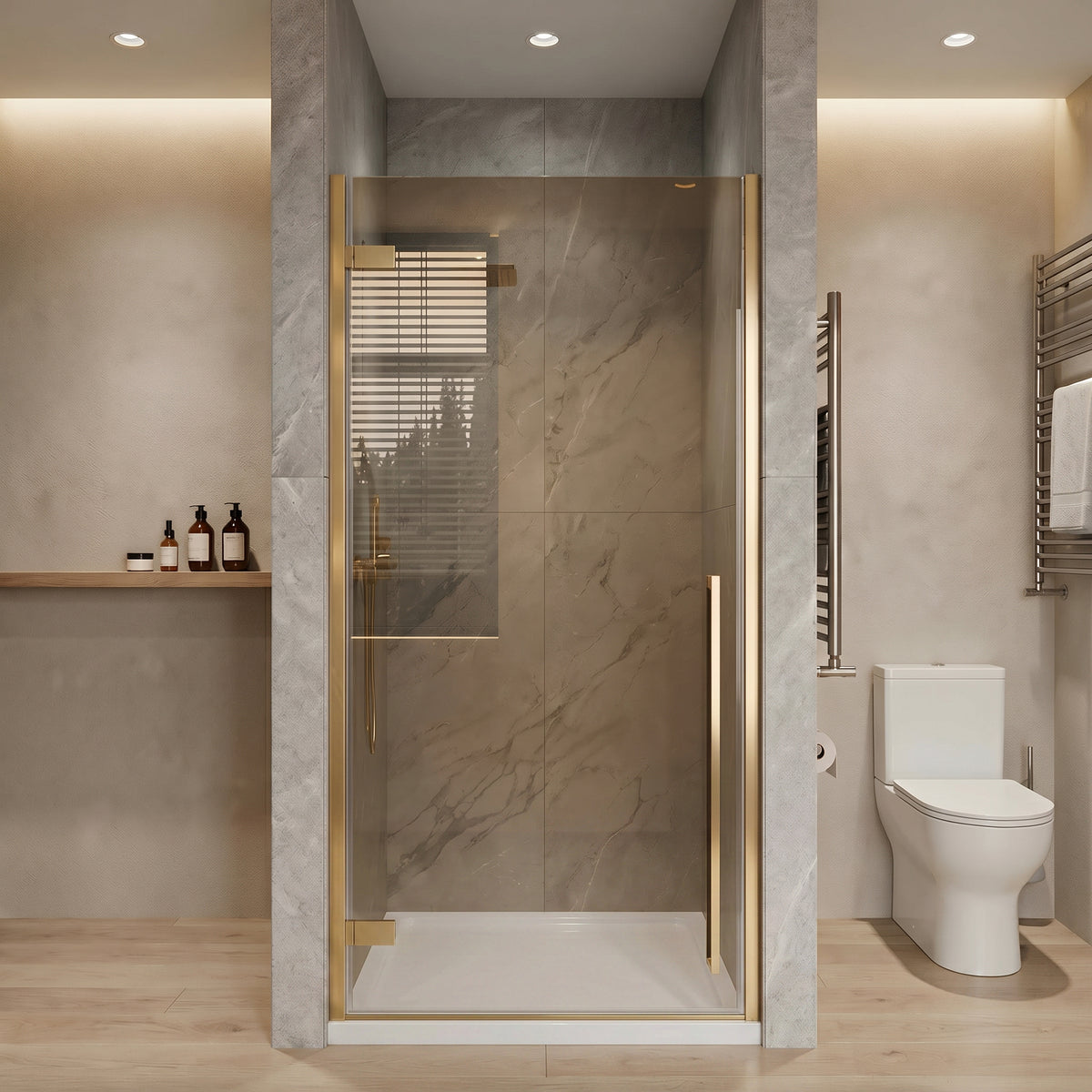 33,9po–34,3po L (largeur ajustable) x 79po H Porte de douche pivotante réversible sans cadre en or brossé avec verre teinté brun et base acrylique blanche