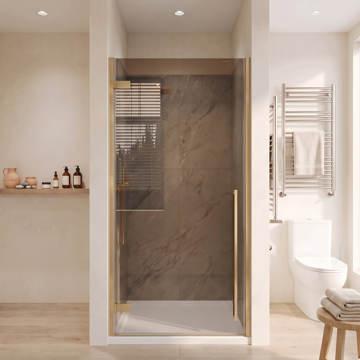 33,9po–34,3po L (largeur ajustable) x 79po H Porte de douche pivotante réversible sans cadre en or brossé avec verre teinté brun et base acrylique blanche