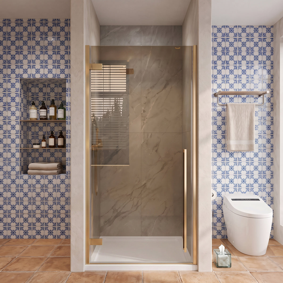 33,9po–34,3po L (largeur ajustable) x 79po H Porte de douche pivotante réversible sans cadre en or brossé avec verre teinté brun et base acrylique blanche