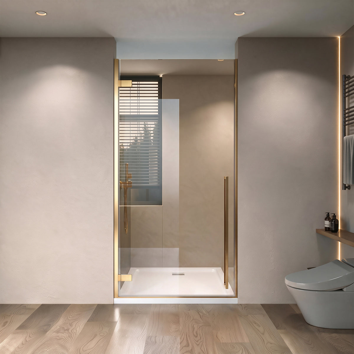 33,9po–34,3po L (largeur ajustable) x 79po H Porte de douche pivotante réversible sans cadre en or brossé avec verre teinté brun et base acrylique blanche