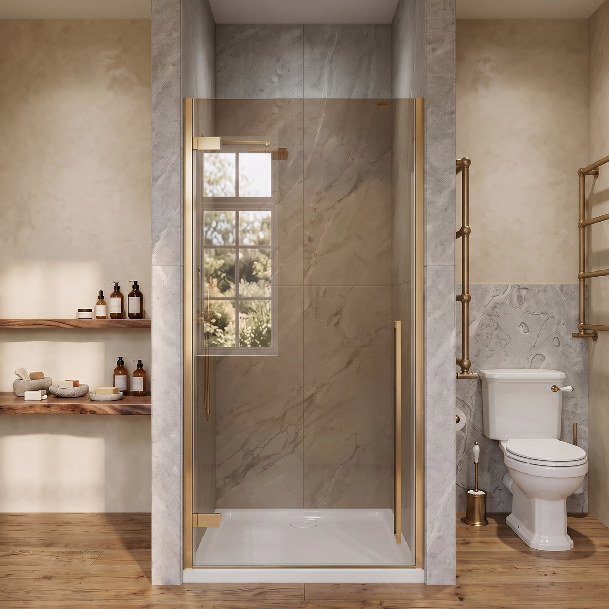 33,9po–34,3po L (largeur ajustable) x 79po H Porte de douche pivotante réversible sans cadre en or brossé avec verre teinté brun et base acrylique blanche