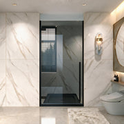 33.9"–34.3" W (Adjustable Width) x 79" H Frameless Reversible Pivot Shower Door in Matte Black with Black Tinted Glass & 36" Black Acrylic Base