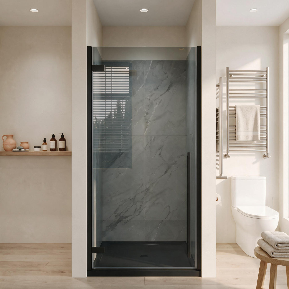33.9"–34.3" W (Adjustable Width) x 79" H Frameless Reversible Pivot Shower Door in Matte Black with Black Tinted Glass & 36" Black Acrylic Base