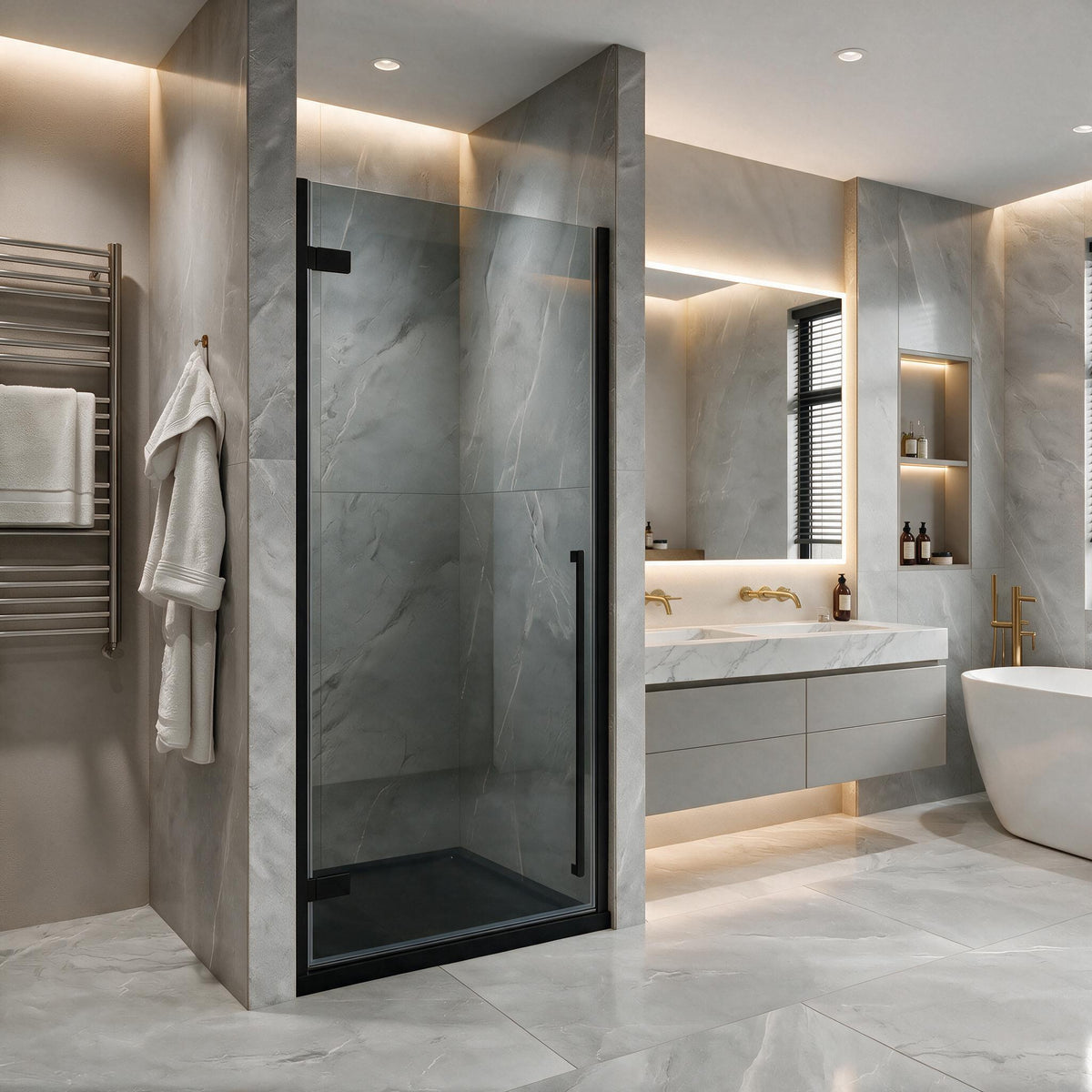 33.9"–34.3" W (Adjustable Width) x 79" H Frameless Reversible Pivot Shower Door in Matte Black with Black Tinted Glass & 36" Black Acrylic Base
