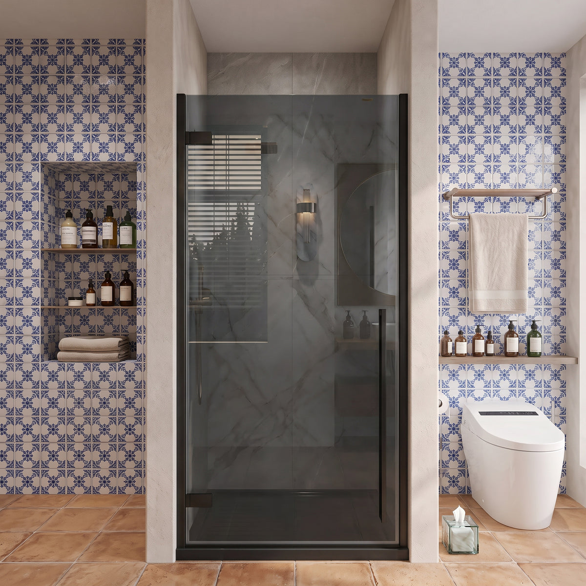 33.9"–34.3" W (Adjustable Width) x 79" H Frameless Reversible Pivot Shower Door in Matte Black with Black Tinted Glass & 36" Black Acrylic Base