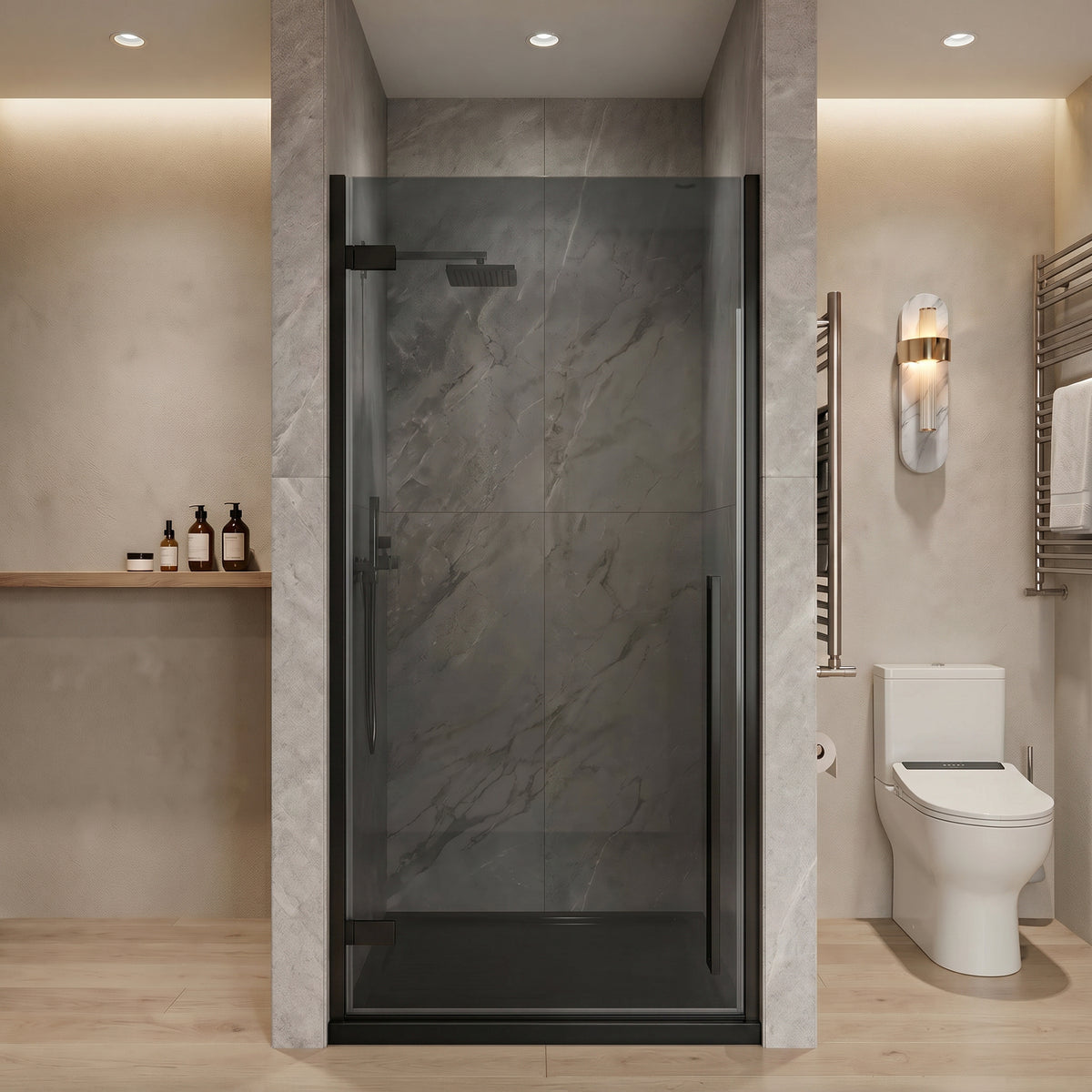 33.9"–34.3" W (Adjustable Width) x 79" H Frameless Reversible Pivot Shower Door in Matte Black with Black Tinted Glass & 36" Black Acrylic Base