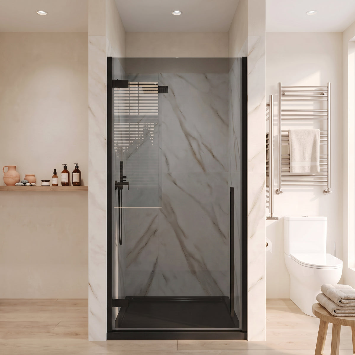 33.9"–34.3" W (Adjustable Width) x 79" H Frameless Reversible Pivot Shower Door in Matte Black with Black Tinted Glass & 36" Black Acrylic Base