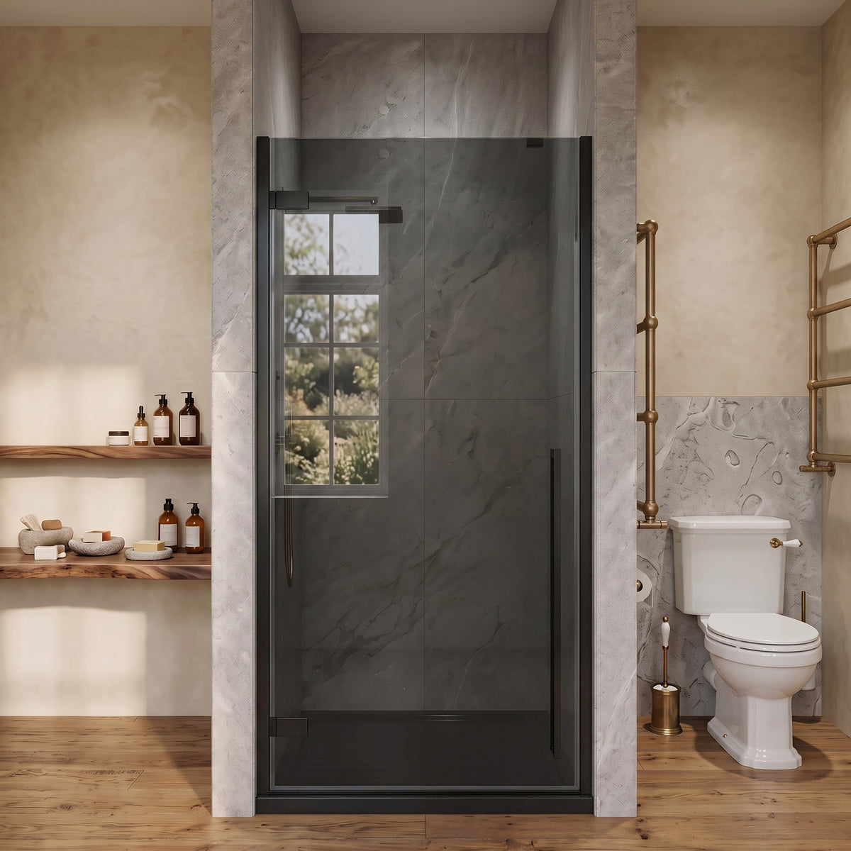 33.9"–34.3" W (Adjustable Width) x 79" H Frameless Reversible Pivot Shower Door in Matte Black with Black Tinted Glass & 36" Black Acrylic Base