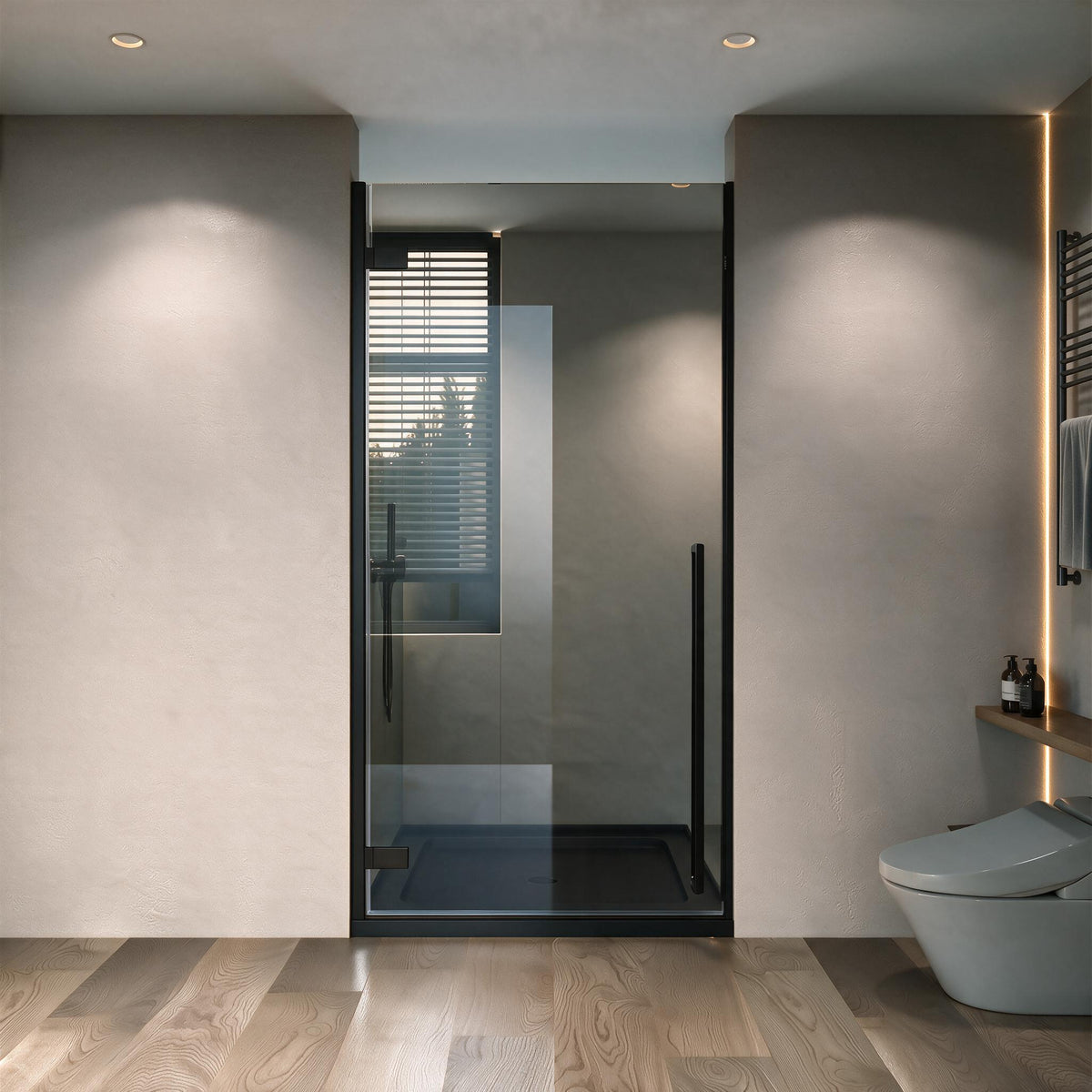 33.9"–34.3" W (Adjustable Width) x 79" H Frameless Reversible Pivot Shower Door in Matte Black with Black Tinted Glass & 36" Black Acrylic Base