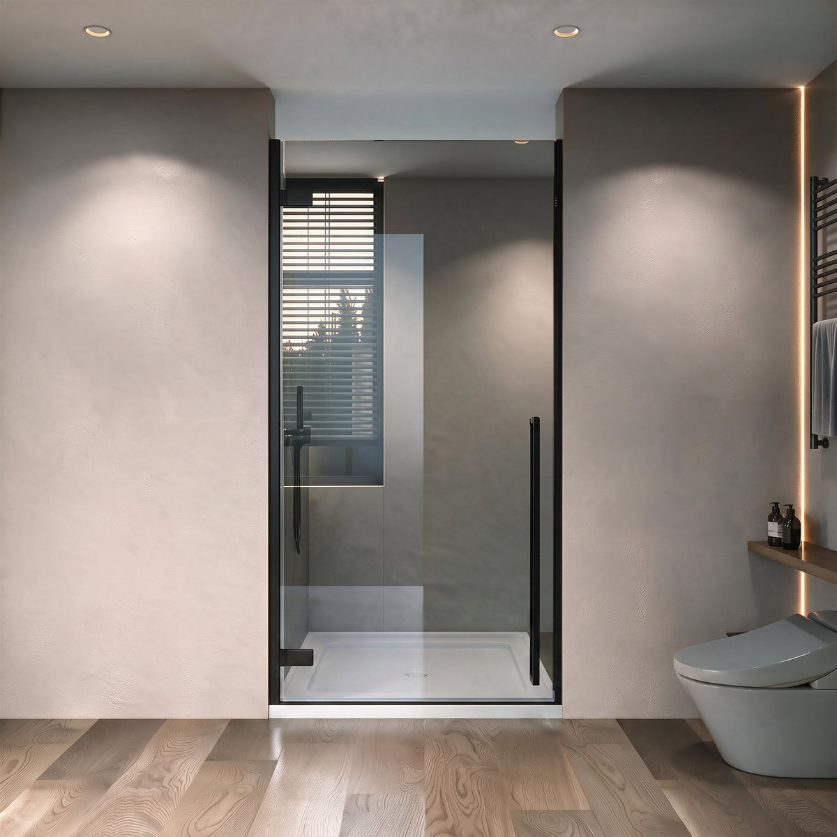 33.9"–34.3" W (Adjustable Width) x 79" H Frameless Reversible Pivot Shower Door in Matte Black with Black Tinted Glass & 36" White Acrylic Shower Base