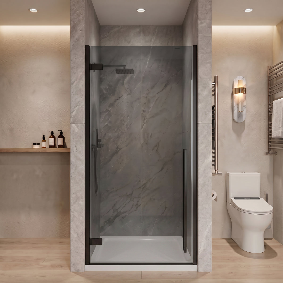 33.9"–34.3" W (Adjustable Width) x 79" H Frameless Reversible Pivot Shower Door in Matte Black with Black Tinted Glass & 36" White Acrylic Shower Base