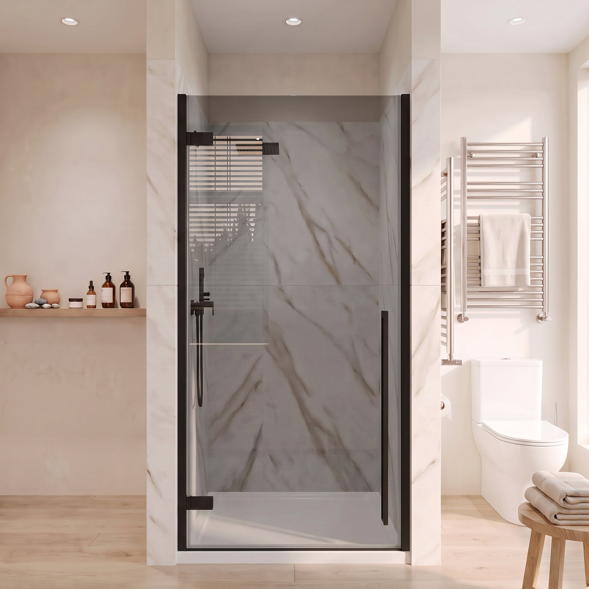 33.9"–34.3" W (Adjustable Width) x 79" H Frameless Reversible Pivot Shower Door in Matte Black with Black Tinted Glass & 36" White Acrylic Shower Base