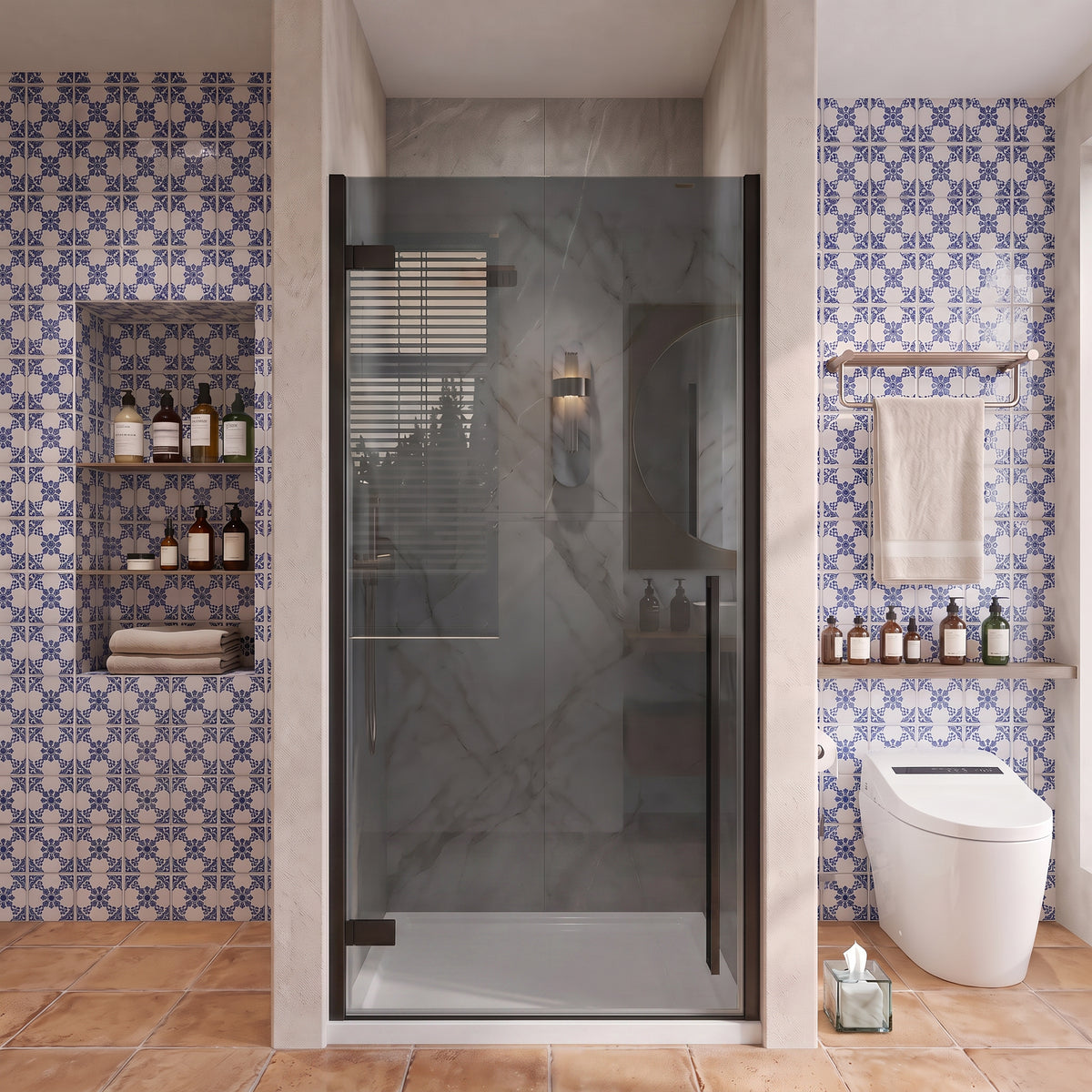 33.9"–34.3" W (Adjustable Width) x 79" H Frameless Reversible Pivot Shower Door in Matte Black with Black Tinted Glass & 36" White Acrylic Shower Base