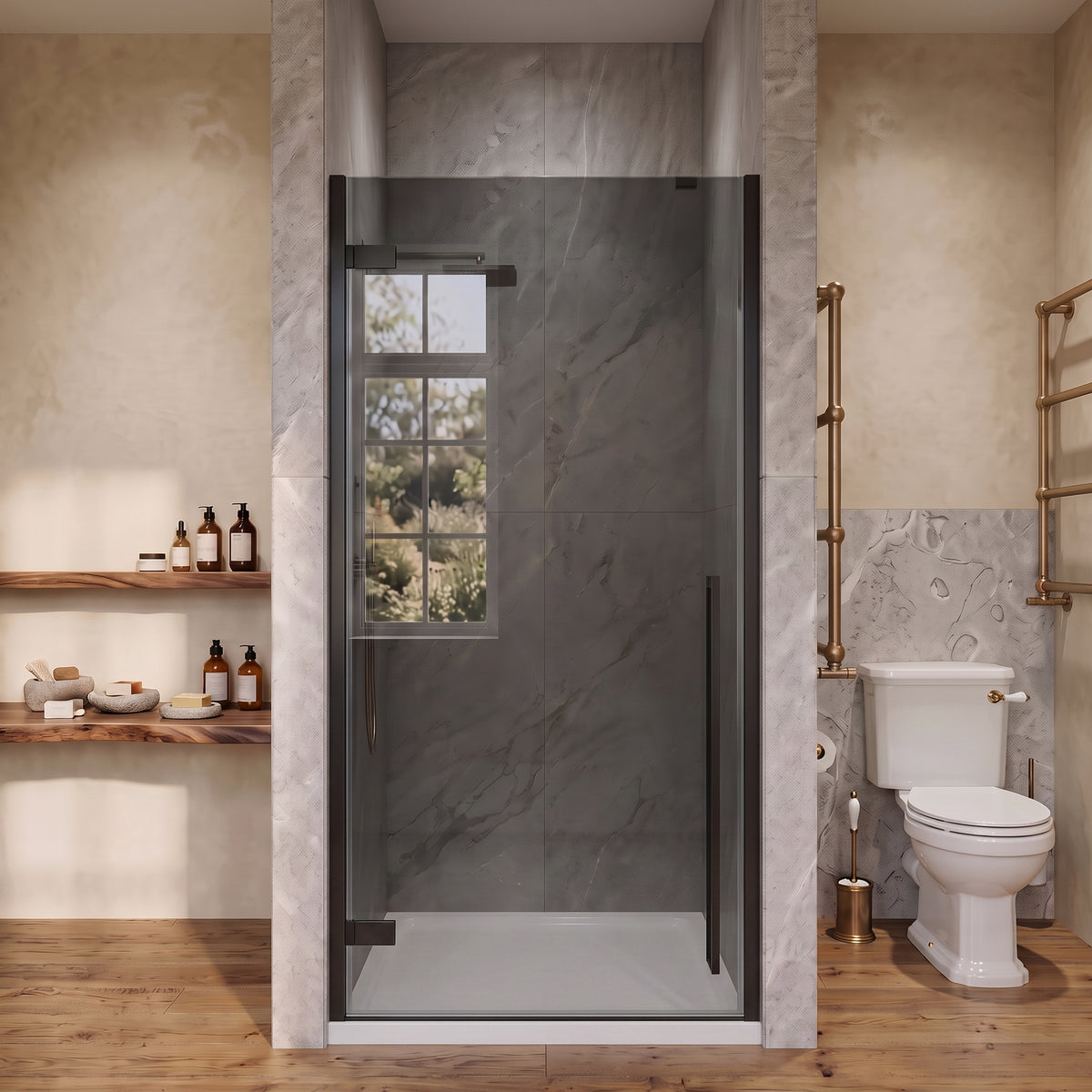 33.9"–34.3" W (Adjustable Width) x 79" H Frameless Reversible Pivot Shower Door in Matte Black with Black Tinted Glass & 36" White Acrylic Shower Base